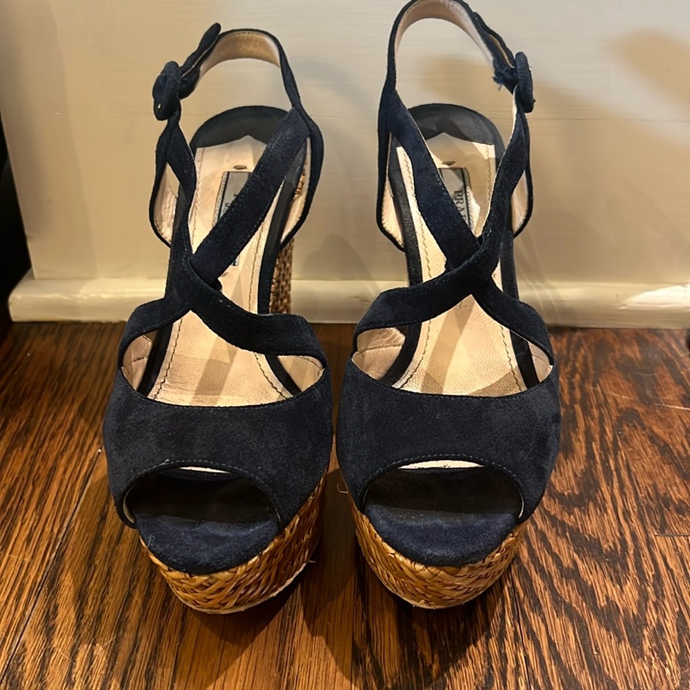 Prada Navy Suede Wicker Wedge Sandal